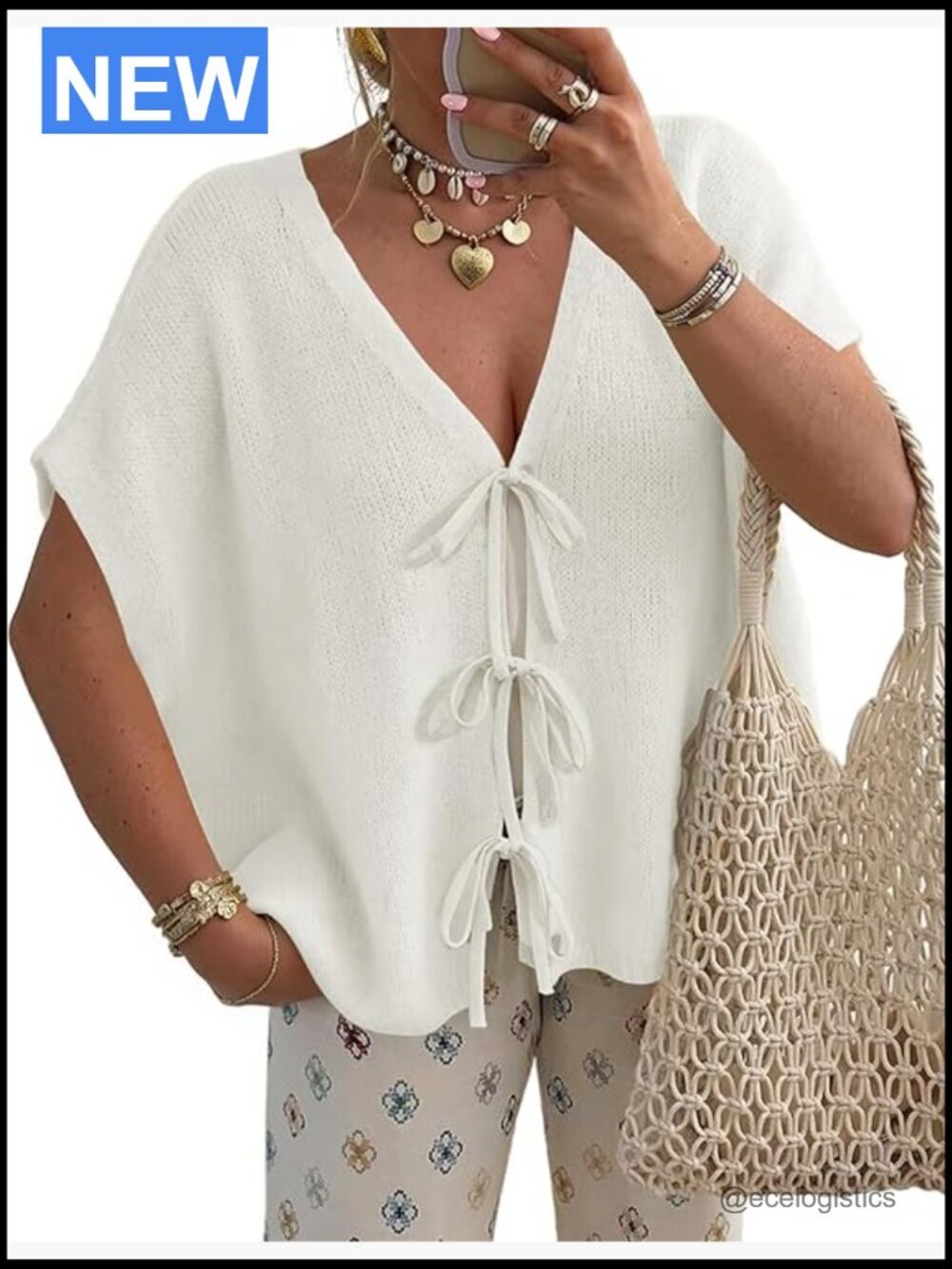 Oversized Tie Front Cardigan, Batwing Short Sleeve Lightweight Sweater